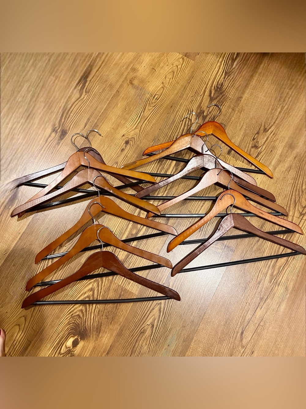 Lot of 12 Wooden Hsngers with Steele Hanging Hooks